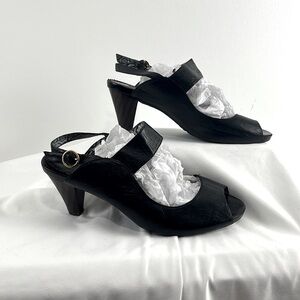 Indigo Black Leather Peep-Toe Slingback Heels